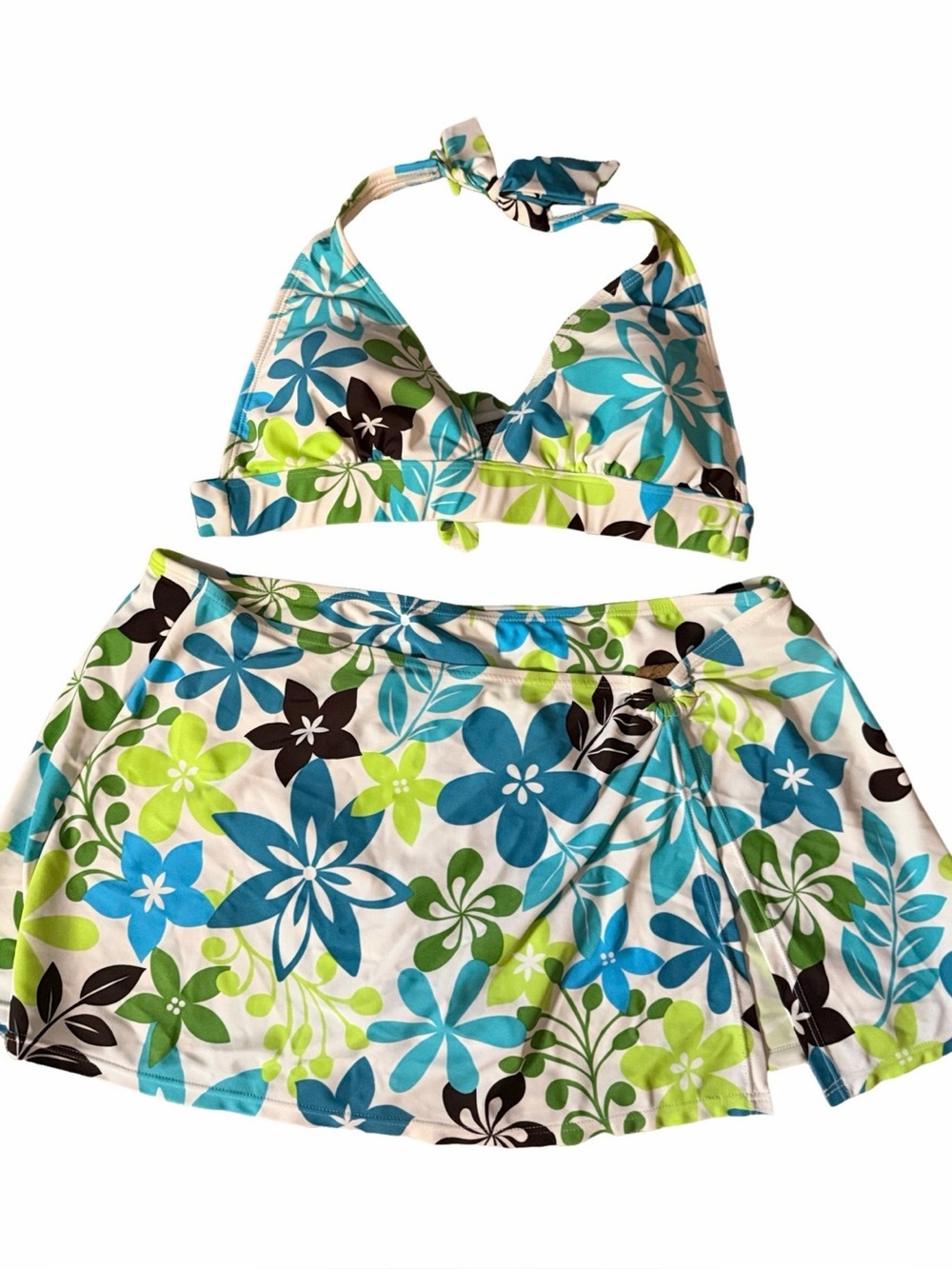Floral Blue , White, Brown & Green Swim Skirt Set & Bikini Top Set. Size XL.